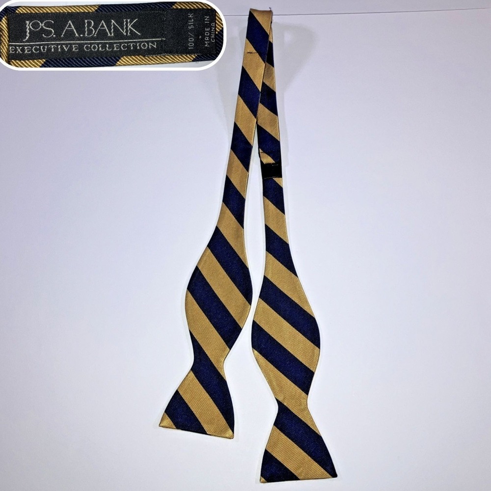 Jos. A. Bank All Silk Repp Self Tie Bow Tie Navy and  Gold Stripe